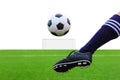 Foot kicking soccer ball Royalty Free Stock Photo