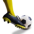 Foot kicking soccer ball isolated Royalty Free Stock Photo