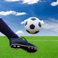 Foot kicking soccer ball to goal Royalty Free Stock Photo