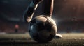 Foot kicks a soccer ball on the football field close-up. Generative AI Royalty Free Stock Photo