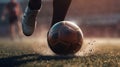 Foot kicks a soccer ball on the football field close-up. Generative AI Royalty Free Stock Photo