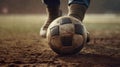 Foot kicks a soccer ball on the football field close-up. Generative AI Royalty Free Stock Photo