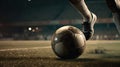 Foot kicks a soccer ball on the football field close-up. Generative AI Royalty Free Stock Photo