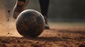 Foot kicks a soccer ball on the football field close-up. Generative AI Royalty Free Stock Photo