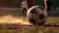 Foot kicks a soccer ball on the football field close-up. Generative AI Royalty Free Stock Photo