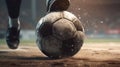 Foot kicks a soccer ball on the football field close-up. Generative AI Royalty Free Stock Photo