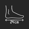 Foot length chalk white icon on black background. Human body parameters measurement, shoemaking. Foot size from heel to