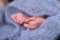 Foot little fingers of a newborn on soft lilac background