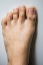 The foot and long nail toes on white concrete background. Long n Royalty Free Stock Photo