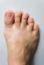 The foot and long nail toes on white concrete background. Long n Royalty Free Stock Photo