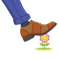 Vector illustration. The foot of a man in shoes steps on a flower. Destruction of nature, ecology, rare species of