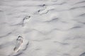 Foot marks on white sand beach. Barefoot walk marks. Relaxing day on beach. Tropical seaside. Royalty Free Stock Photo