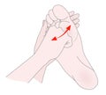 Foot massage. Bunion. Hallux valgus or bunion formation of the foot. Female hands massage the foot. Kneading and prevention of