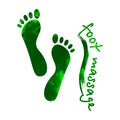 Foot massage concept.  Silhouette of feet on Brush Stroke in green  watercolor background for your web site design, app, UI. Refle Royalty Free Stock Photo