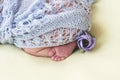 Foot of the newborn girl baby, peeling skin, toyes and lilac flower.