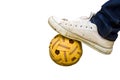 Foot and old shoes on Rattan ball