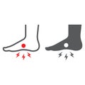 Foot pain line and glyph icon, body and painful, feet ache sign, vector graphics, a linear pattern on a white background