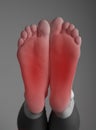 Foot pain. Woman feet with red point. Arthritis, gout, tendinitis, plantar fasciitis, injury, overuse, poorly fitting Royalty Free Stock Photo