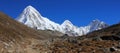 Foot path leading towards the Everest Base Camp and snow covered Mount Pumori, 7138m Royalty Free Stock Photo