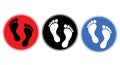 Foot print icon. Bare foot print Black on red, white on black and white on blue background. Royalty Free Stock Photo