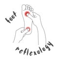 Foot reflexology concept.  Inspection, prevention reflexes and therapy. Reflexology.  The hands of a massage therapist massaged fe Royalty Free Stock Photo