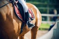 The foot of a rider sitting on a sorrel horse in the saddle, which goes next to the fence, in the stirrups