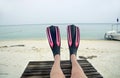 Foot selfie woman wearing flippers ready for scuba diving Royalty Free Stock Photo