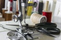Foot sewing machine with scissors and spools Royalty Free Stock Photo
