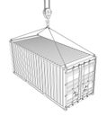 20-Foot Shipping Container Hanging on a Crane Hook. Vector Illustration in Outline Style