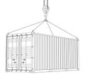 20-Foot Shipping Container Hanging on a Crane Hook. Vector Illustration in Thin Line Style