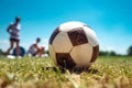 Foot on soccer ball grass. Generate Ai Royalty Free Stock Photo