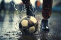 Foot on soccer ball at rainy day. Generate Ai