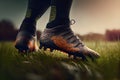 foot of a soccer or football player on green grass