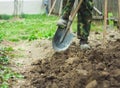 Foot with spade in dirt, farmer working