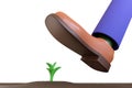 Foot stepping on a sprout of a plant. 3d illustration