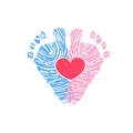 Foot steps. Baby girl. Baby boy. Twin baby icon. Baby gender reveal. Baby foot print made of finger prints
