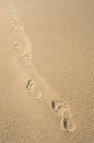 Foot steps in smooth, beige sand Royalty Free Stock Photo