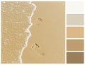 Foot steps and surf on tropical beach with palette color swatches Royalty Free Stock Photo