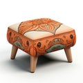 A foot stool with an orange and blue design, AI