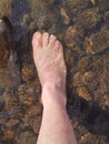 Foot immersed in the waters of a river walking on the rocks