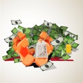 Foot with tag of dead businessman and money. dead for money - vector illustration