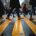 Foot traffic Peoples feet in motion at a bustling pedestrian crossing