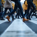 Foot traffic Peoples feet in motion at a bustling pedestrian crossing