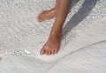 Foot in water natural travertine pools and terraces, cotton castle, Pamukkale, Turkey