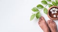 Foot Women Oil Massage Oriental on Water with Jasmine Flowers on White Background Hand Woman with Aroma Therapy Spa Set Essential Royalty Free Stock Photo