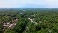 Footage of coconut trees with a small village assimilated with it and a river in the middle