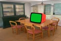 footage Dated TV Set with Green Screen Mock Up Chroma Key Template Display, realistic Nostalgic living room with furniture and