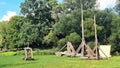 Footage of the wooden scaffold with weaponry at historical museum. Outdoor