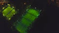 Footbal soccer field night aerial. Clip. Birds eye view of a soccer football court. Top view of the football field at Royalty Free Stock Photo