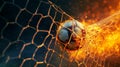 a football ablaze in the goal against an amazing solid background